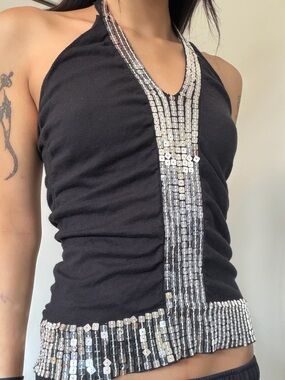 SEDUCTIONS Black Halter Top with Silver Sequin Trim